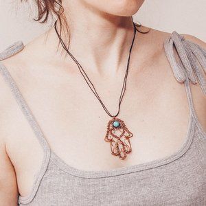 Wire wrap copper Hamsa hand necklace